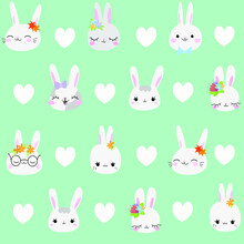Cute Green Pattern With Gray Rabbits Hearts. Textiles For Children. Batterfly Paper Scrapbook For Kids.