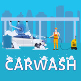 Fototapeta Miasto - Car Washing Auto center station. Service man worker washing, clean car, foam bubbles. Vector illustration isolated
