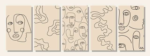 Wall Mural - Set of hand drawn abstract faces in line art style, modern minimalism art, aesthetic contour.