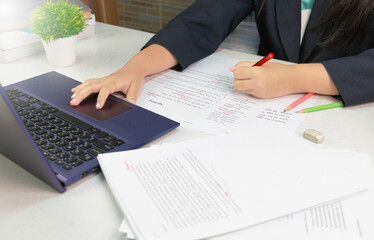 Wall Mural - hand holding red pen over proofreading paper