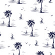 Marine summer seamless vector pattern. Sports yacht sails in the ocean waves. Beautiful palm tree and surfboard, tourists Paradise
