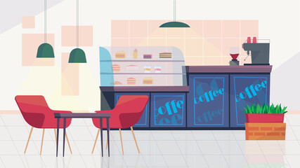 Wall Mural - City cafe inside interior, banner in flat cartoon design. Showcase with desserts, counter with coffee machine, cash desk, table with chairs. Cafeteria furniture. Vector illustration of web background