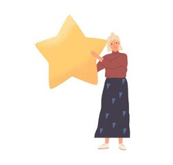 customer with gold star in hands giving feedback and review of products and services. satisfied clie