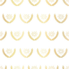 Wall Mural - Golden hearts between laurel wreath seamless vector pattern. Repeating background metallic gold foil doodle hearts floral branches. Surface pattern design for fabric, wrapping, Valentines.