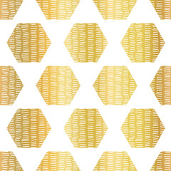 Wall Mural - Abstract geometric seamless golden vector background hexagons on white. Repeating pattern with doodle texture hexagon shapes metallic gold foil on white hand drawn isolated. Elegant tile.