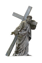 Holy Cross With Crucified Jesus Christ. Ancient Stone Statue Against White Background.