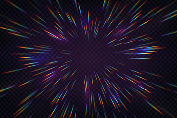 rainbow halo rays isolated on dark transparent background. holographic lens flare reflections. vecto