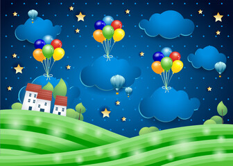 Sticker - Fantasy landscape by night with hanging clouds and village. Paper art. Vector illustration eps10