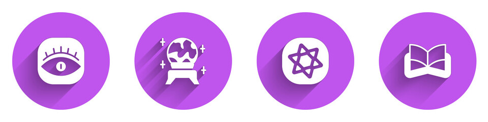 Set Masons, Magic ball, Tarot cards and Ancient magic book icon with long shadow. Vector