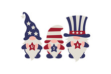 American Flag Gnomes, 4th Of July Patriotic Day In USA Flat Cartoon Characters In Flag Colours Hats With Stars And Stripes And With Letters USA In Hands, Vector Illustration, Independence Day Gnome