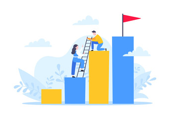 Business mentor helps to improve career and holding stairs steps vector illustration. Mentorship, upskills, climb help and self development strategy flat style design business concept.
