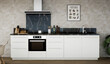 vue 3d cuisine blanche avec crédence marbre noir