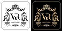 VR Royal Emblem With Crown, Initial Letter And Graphic Name Frames Border Of Floral Designs With Two Variation Colors, VR Monogram, For Insignia, Initial Letter Frames, Wedding Couple Name