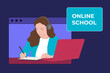 © Frame Studio - Young beautiful girl student studying in online school. Online classes and courses web banner