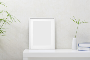 Blank picture frame mockup on white wall. White living room design. View of modern scandinavian style interior.