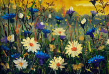 White Daisies Flowers Blue Cornflowers Paintings Monet Painting Claude Impressionism Paint Landscape Flower Meadow Oil