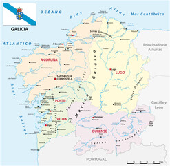 Poster - administrative vector map of the Spanish autonomous communities of galicia with flag