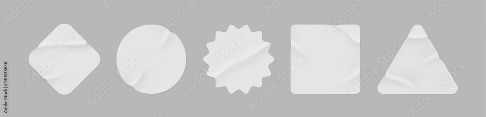 White stickers mockup. Blank labels of different shapes, circle wrinkled paper emblems. Copy space. Stickers or patches for preview tags, labels. Vector illustration - obrazy, fototapety, plakaty 