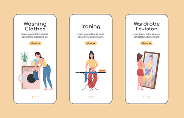 Wall Mural - clothes revision onboarding mobile app screen flat vector template. spring cleaning. walkthrough web
