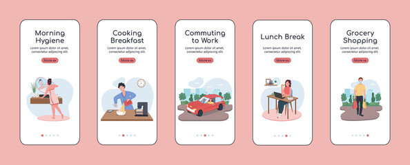 Wall Mural - daily routine onboarding mobile app screen flat vector template. cooking breakfast. walkthrough webs