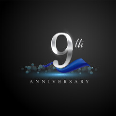 9th silver anniversary logo with blue ribbon isolated on elegant background, sparkle, vector design for greeting card and invitation card.