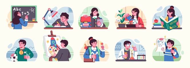 Set of Illustrations with cute happy little children at school. Vector flat style