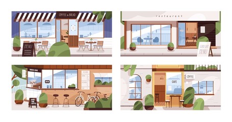 Facades of modern cafes, coffee shops and restaurants with summer terraces and furniture on street. Set of empty city cafeterias. Colored flat vector illustration isolated on white background