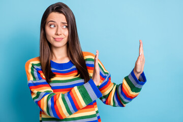 Wall Mural - portrait of attractive brown-haired girl showing ban sign aside refuse bad news isolated over vibran