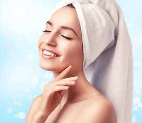 Poster - Beautiful young woman with silky skin on light background. Spa treatment