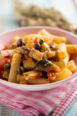 Poster - pasta with swordfish eggplants tomatoes and black olives