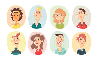 Set different person portrait diverse business team vector flat illustration. Collection of people avatars isolated. Bundle of joyful smiling colleagues. Man and woman faces round frame. Cartoon style