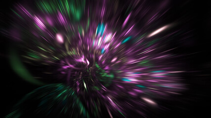 Wall Mural - Abstract green and purple fireworks. Holiday background with fantastic light effect. Digital fractal art. 3d rendering.