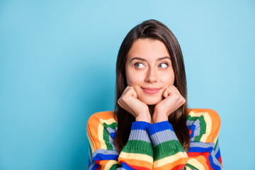 Sticker - Portrait of pretty minded brown-haired girl thinking copy space clue guess isolated over bright blue color background