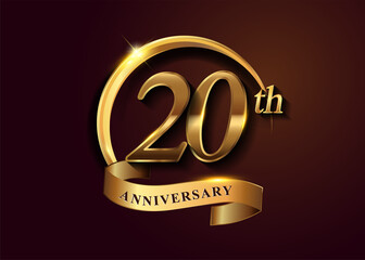 20th golden anniversary logo with gold ring and golden ribbon, vector design for birthday celebration, invitation card.