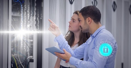 Poster - Composition of online security padlock and data processing over technicians checking computer server