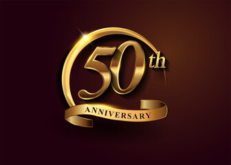 50th golden anniversary logo with gold ring and golden ribbon, vector design for birthday celebration, invitation card.