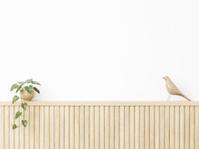 Interior Wall Mockup In Warm Neutral Minimalist Japandi Style With Wooden Slat Wall Decor, Trailing Green Plant And Bird On Empty White Background. Close Up View, 3d Rendering, 3d Illustration