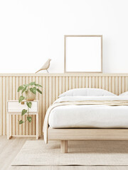 Fototapete - Square poster mockup with wooden frame in Japandi style bedroom interior with beige slat headboard, trailing plant, rug, bird and nightstand on empty white wall background. 3D rendering, illustration