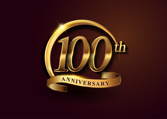 100th golden anniversary logo with gold ring and golden ribbon, vector design for birthday celebration, invitation card.