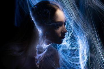 lightpainting portrait, new art direction, long exposure photo without photoshop, light drawing at long exposure
