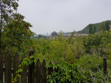 A Distant View On The Temple Complex In Beijing, China. There Is A Five Storied Pagoda Towering Above The Horizon. Thick Bamboo Forest Overgrowing The Area. A Wooden Fence In The Front. Air Pollution