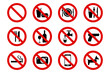 Forbidden signs vector icons, no eating, drinking, smoking,  photography,  dogs,  phone calls. Vector ESP10.