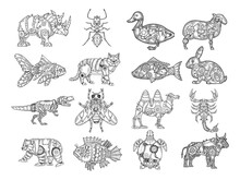 Mechanical Animal Set Sketch Engraving Vector Illustration. T-shirt Apparel Print Design. Scratch Board Imitation. Black And White Hand Drawn Image.