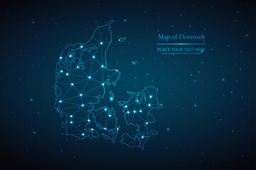 Wall Mural - Abstract map of Denmark geometric mesh polygonal network line, structure and point scales on dark background. Vector illustration eps 10