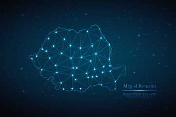 abstract map of romania geometric mesh polygonal network line, structure and point scales on dark ba