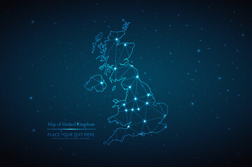 abstract map of united kingdom geometric mesh polygonal network line, structure and point scales on 