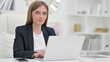 © stockbakers - Young Businesswoman with Laptop Looking at Camera in Office