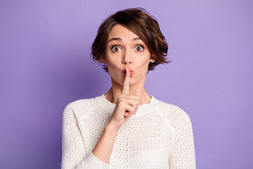 Poster - Photo of sweet adorable young woman finger lips ask not tell secrets isolated purple color background