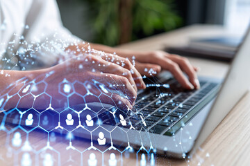 Wall Mural - hr woman specialist is typing the keyboard in the internet to find the best candidates to create int