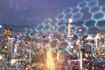 Wall Mural - Abstract virtual wireless technology hologram with hexagon on San Francisco skyline background. Big data and database concept. Multiexposure